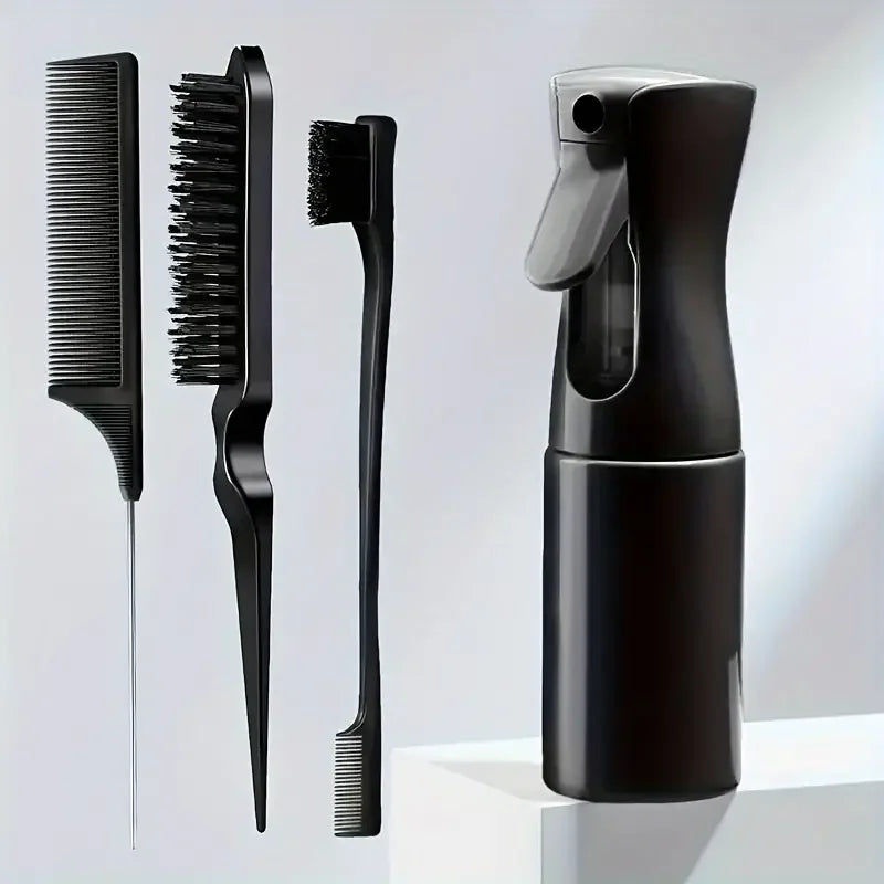 4-Piece Hairdressing Tools Set – Spray Bottle, Combs & Edge Brush
